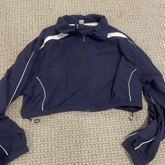 H&M Jacket Women's Medium Cropped Windbreaker Navy Blue Cinch Waist Full Zip - Picture 1 of 7